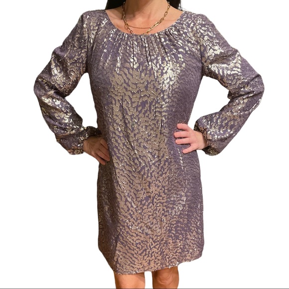 Shoshanna Dresses & Skirts - Shoshanna Metallic Leopard Print Long Sleeve Mini Cocktail Dress